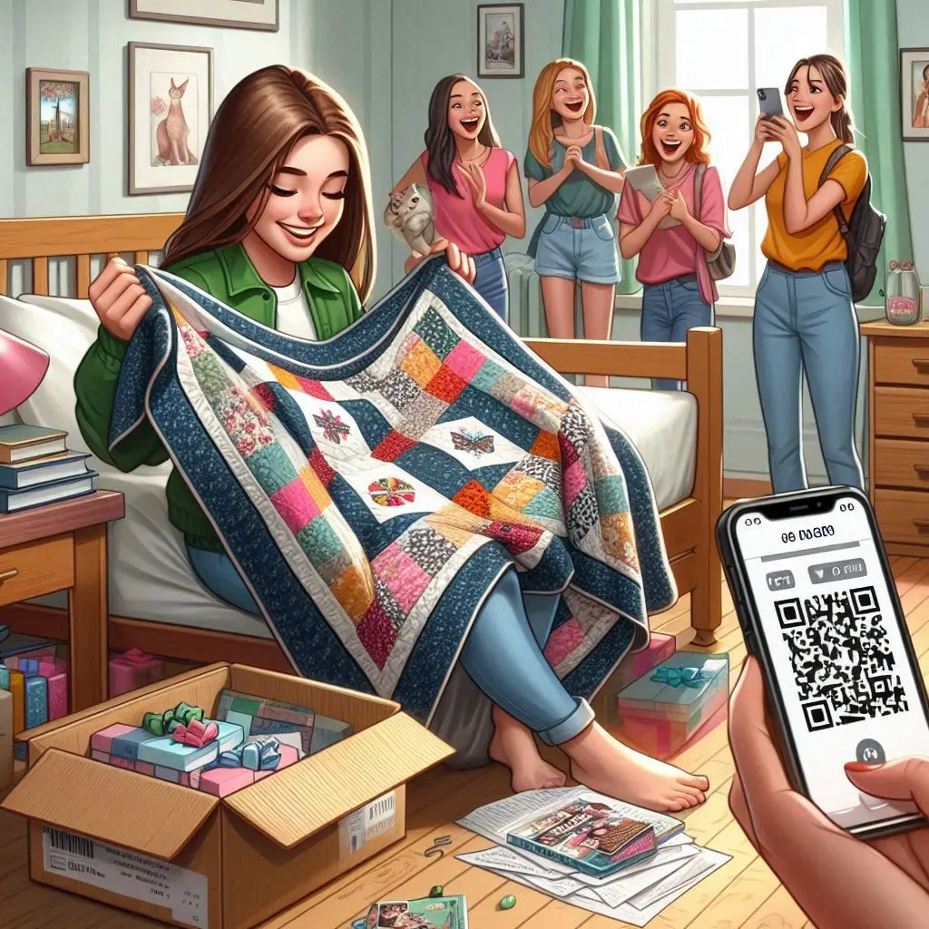 college girls looking at quilt
