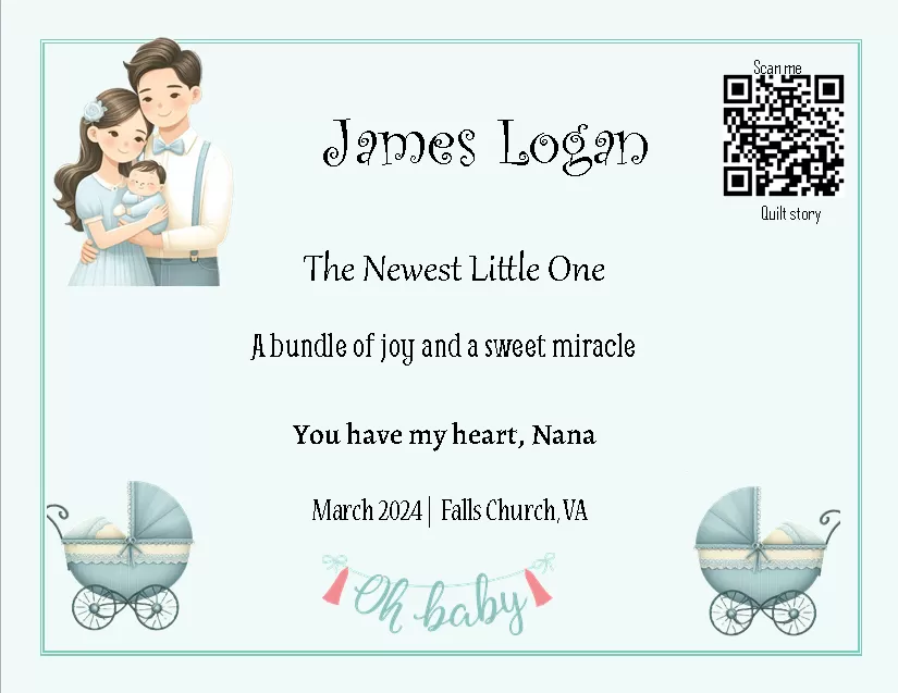 Personalized baby quilt label for a grandson with a scannable QR code Personalized baby quilt label for a grandson with a scannable QR code