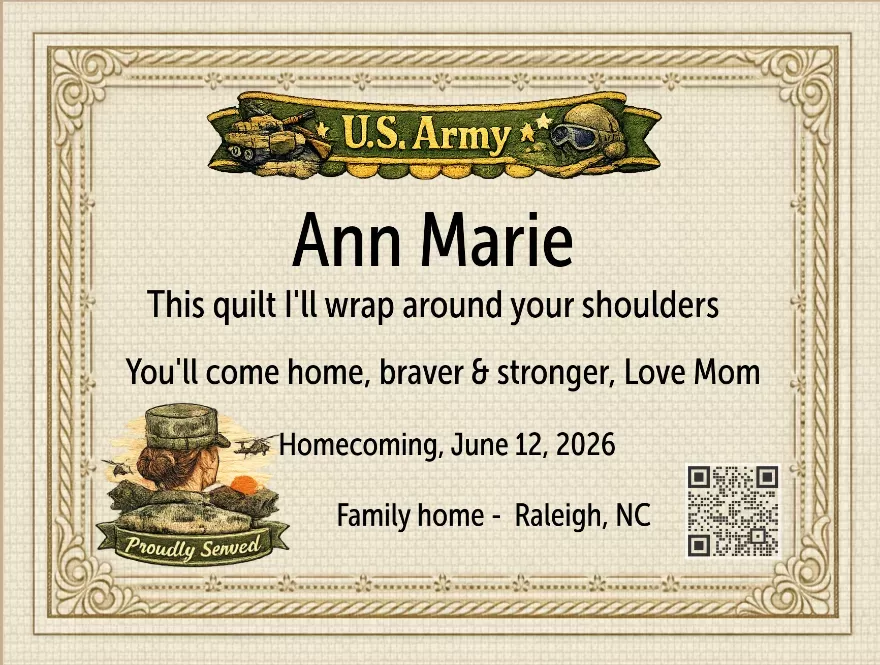 personalized military quilt label with qr code and story