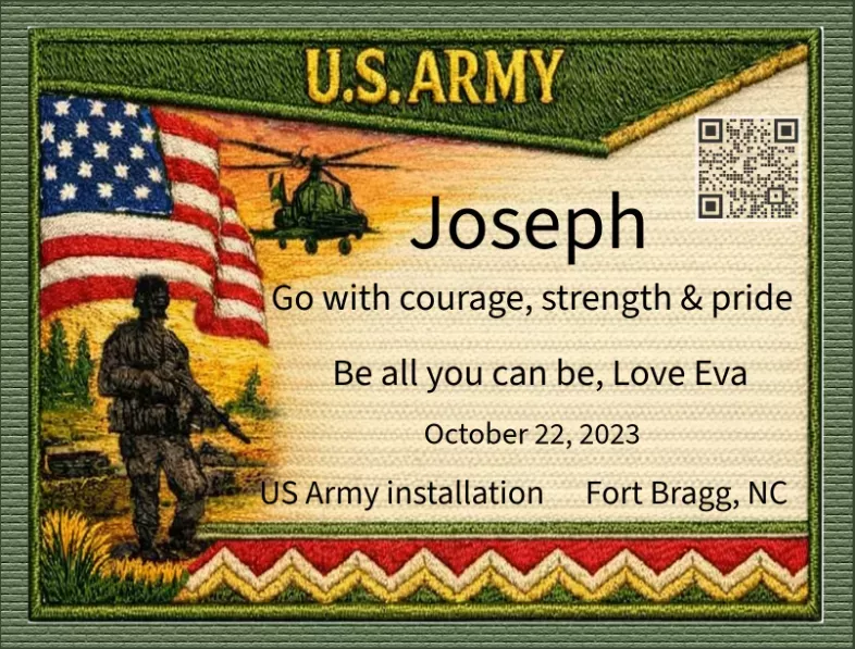 Personalized military quilt label for a military male service person Joseph