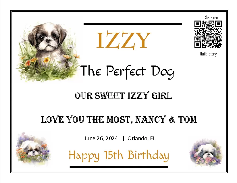 Personalized  pet quilt label for a loved pet with a scannable QR code