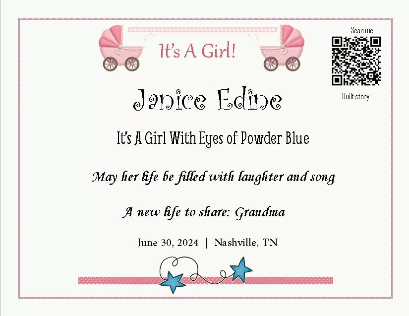 Personalized baby quilt label - Janice Edine