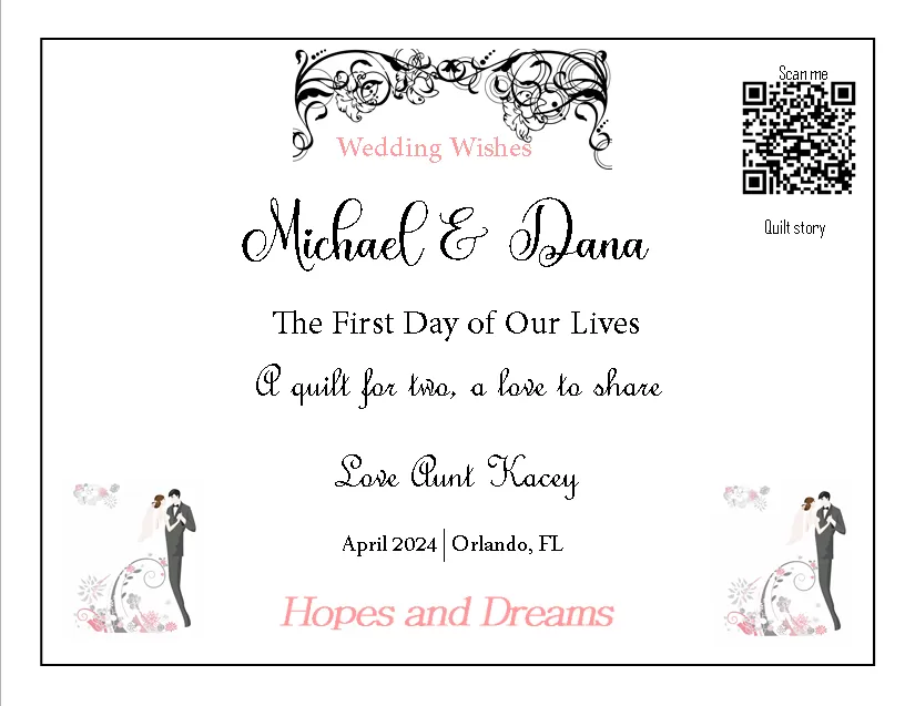 Custom fabric wedding quilt label with 'First Day of Our Lives' poem for a new couple.