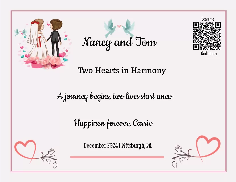 eirloom quilt label featuring a long-form story about a 60-year marriage and integrated QR code.