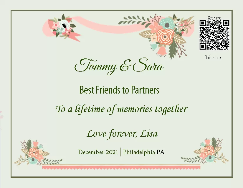 Wedding quilt label for best friends with a custom poem and digital story storage.