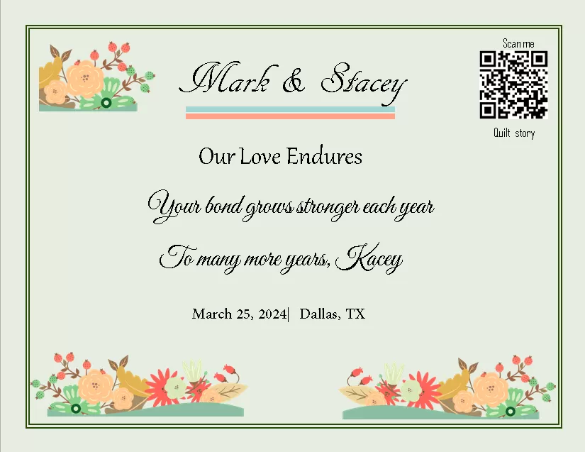 quilt label - Mark & Stacey