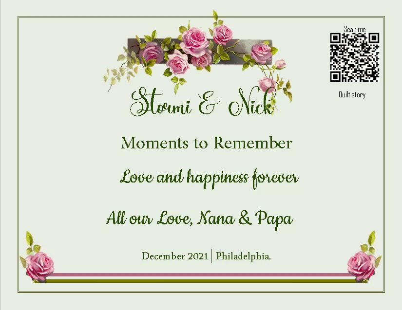 Personalized wedding quilt label for a daughter with a sentimental poem and scanable QR code