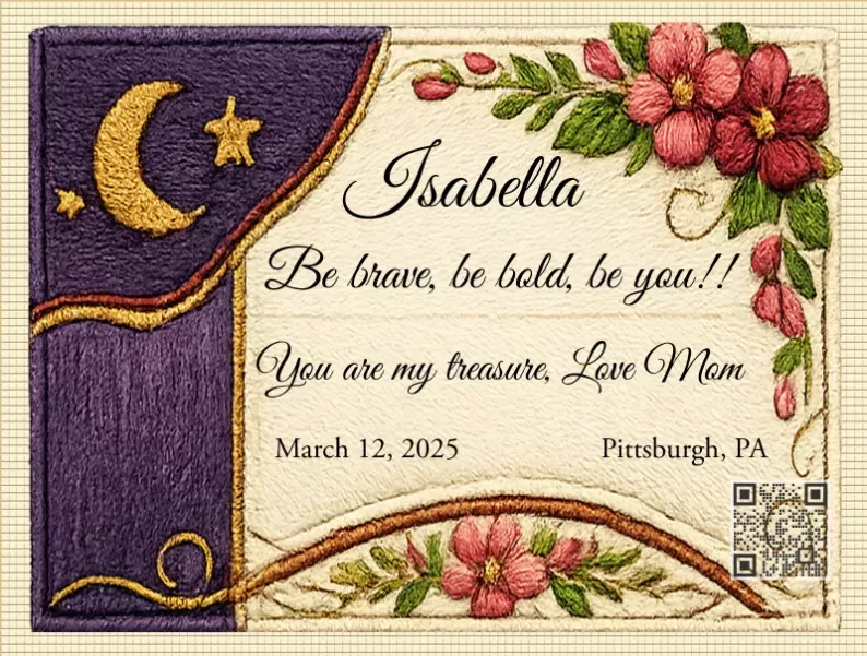 Personalized modern quilt label for a daughter with a QR code Personalized modern quilt label for a daughter with a QR code